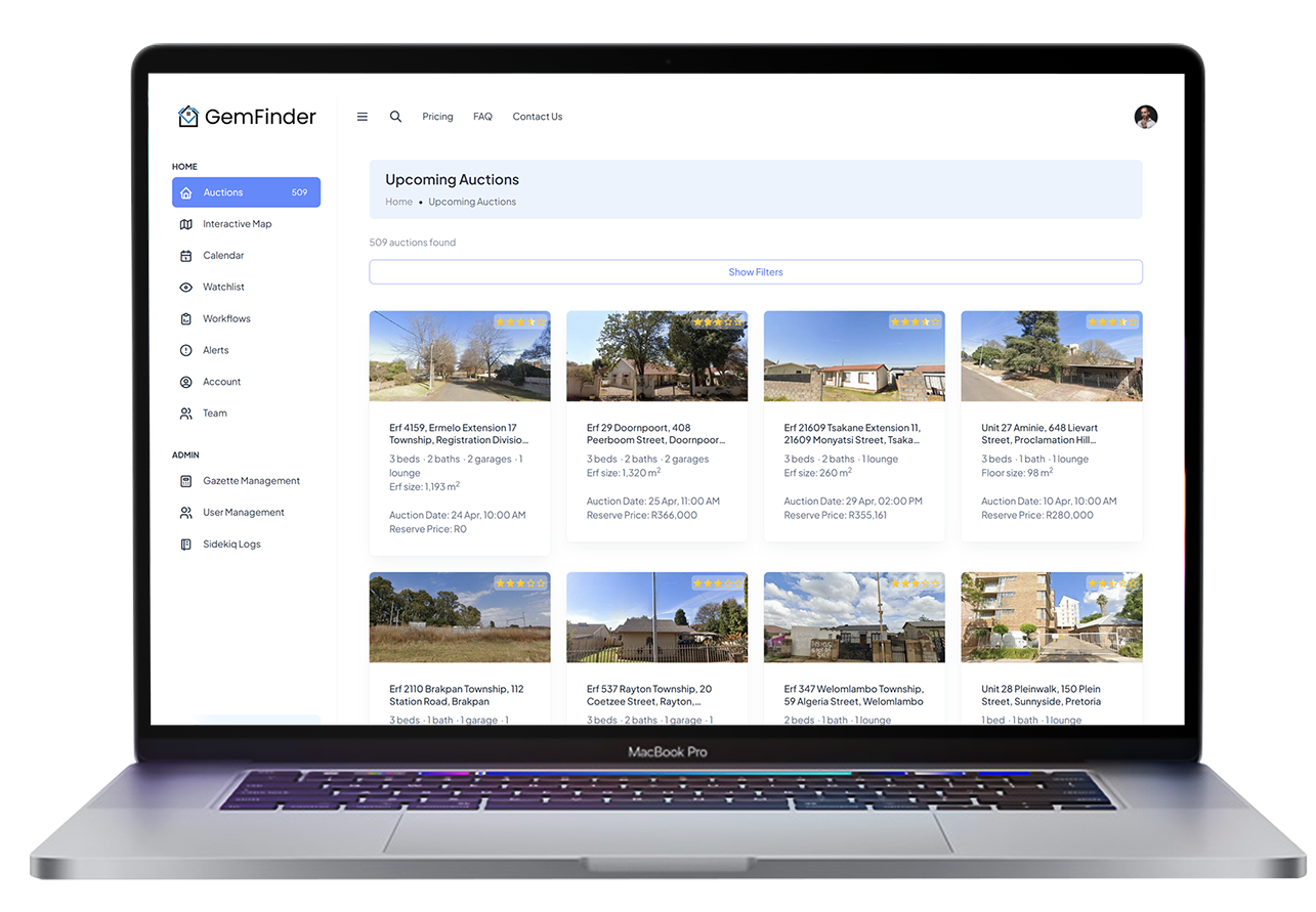 GemFinder app preview — sheriff auction listings with AI investment scores